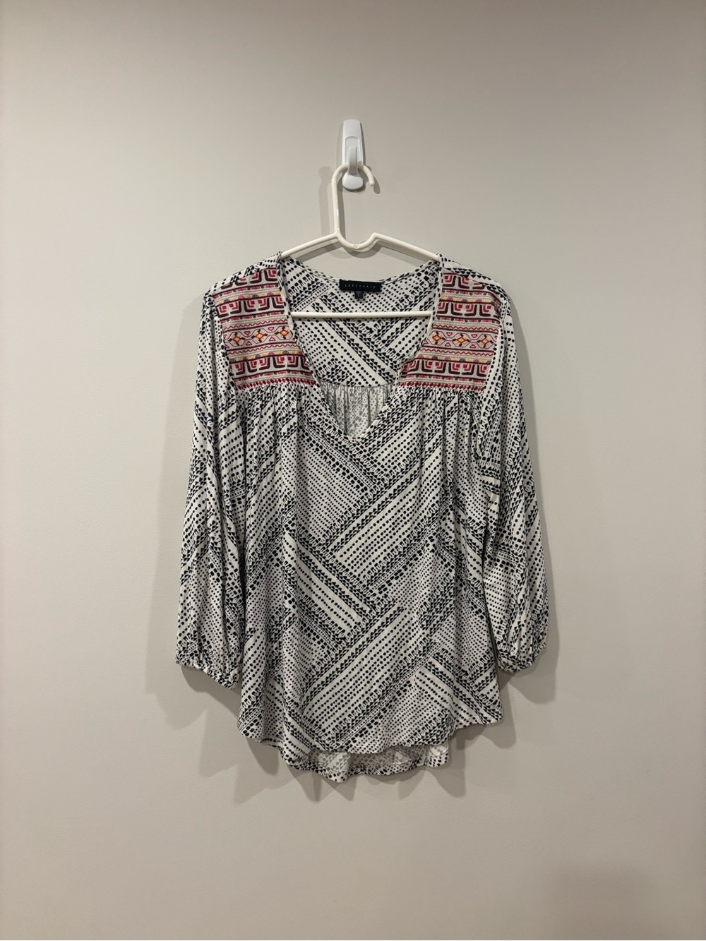 Sanctuary Anabella Printed Peasant Top Geometric Print Embroidered Boho Women L